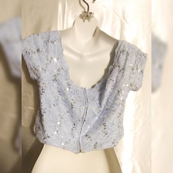 B.Darlin Baby Blue Cropped Sequin Short Sleeve  Lace Floral Zip Crop Top L - Picture 2 of 3